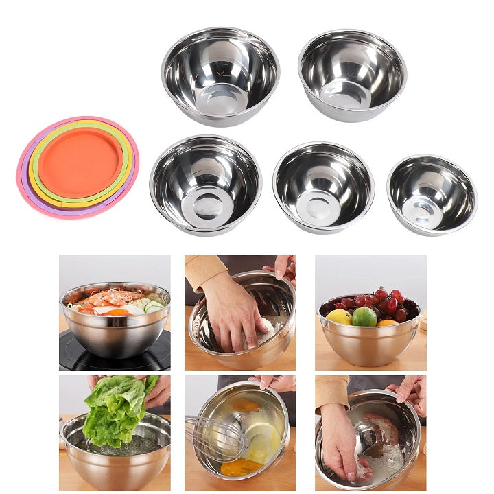 5 Piece Stainless Steel Mixing Storage Nesting Bowls Set with Lids Stackable Easy Cleaning