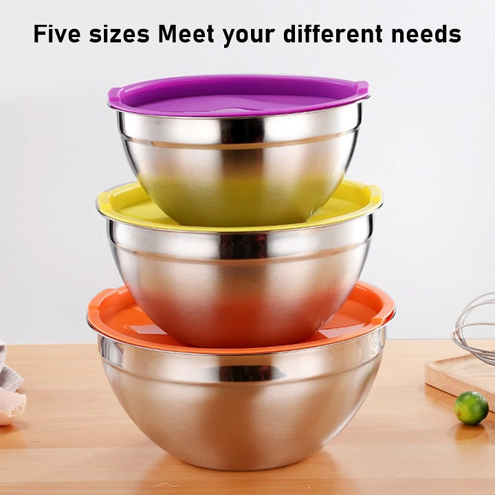 5 Piece Stainless Steel Mixing Storage Nesting Bowls Set with Lids Stackable Easy Cleaning