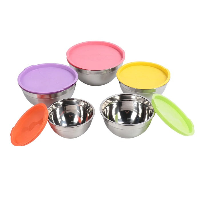 5 Piece Stainless Steel Mixing Storage Nesting Bowls Set with Lids Stackable Easy Cleaning