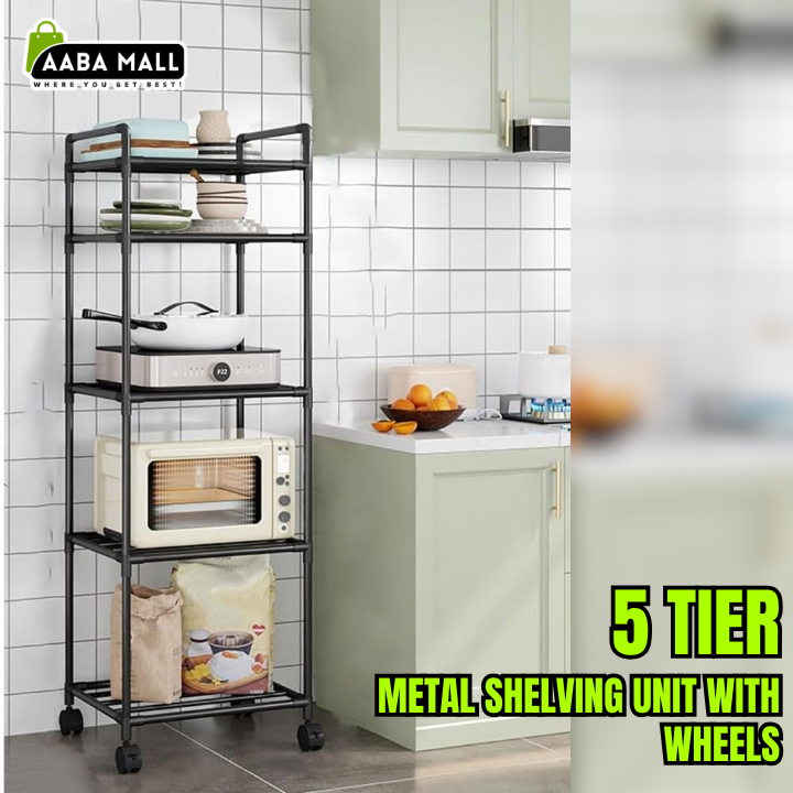 metal shelving unit, 5 tier storage rack, floor standing shelf, storage organizer with wheels, garage storage shelves, office shelving unit, heavy duty metal rack, home storage solution, anti-slip shelf organizer.