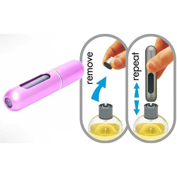 Purple perfume atomizer bottle showing the refillable top mechanism