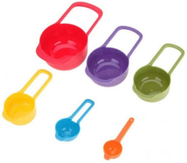 6 piece multicolor plastic measuring cups and spoons set, essential kitchen measuring tools for accurate cooking and baking ingredients