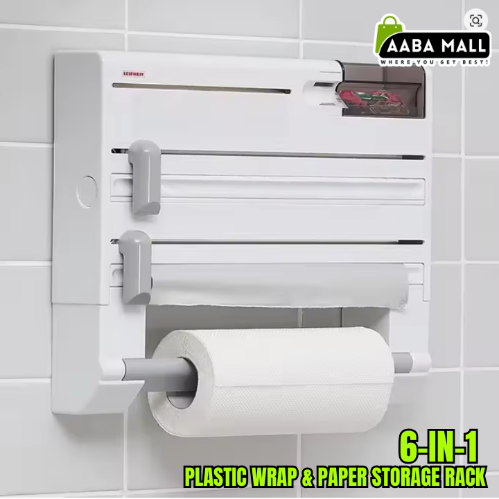 6-in-1 Plastic Wrap & Paper Storage Rack | Wall-Mounted Kitchen Organizer with Cutter | Multi-Purpose Compact Dispenser
