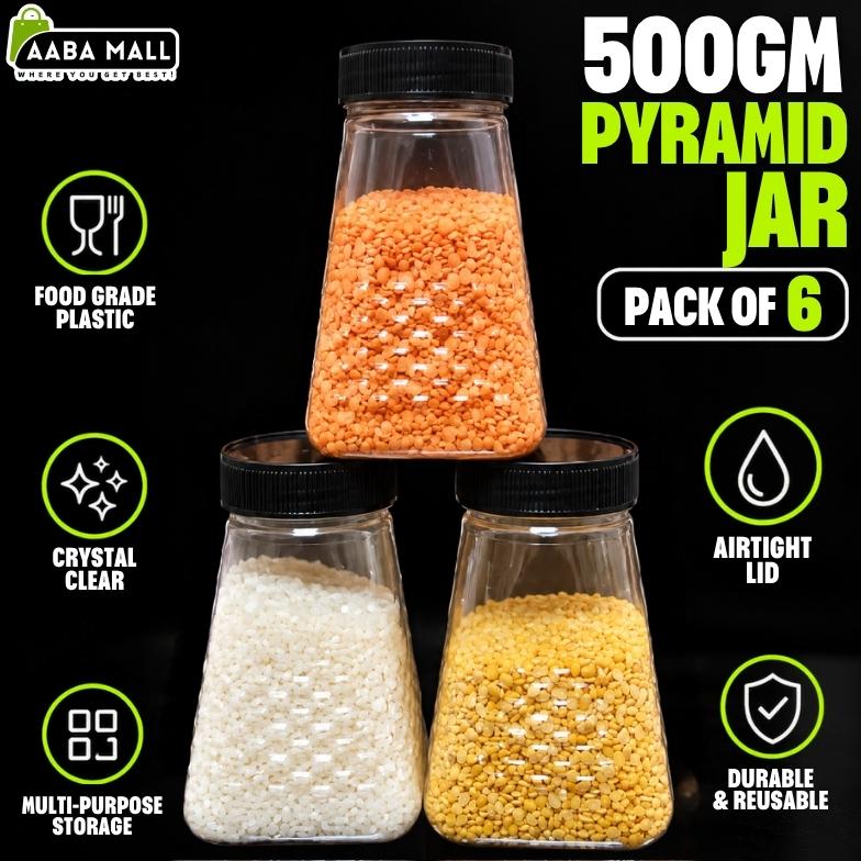 Six Pyramid Design plastic storage jars arranged together