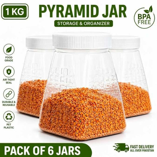 Six large Pyramid Design storage jars with orange contents on a white background