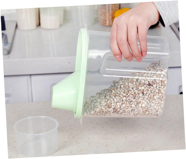 airtight food storage container, grain storage jar, pulses storage box, rice container with measuring cup, flour storage container, 1.9L plastic jar, cereal storage box, pasta storage container, dry food jar, kitchen storage solution.