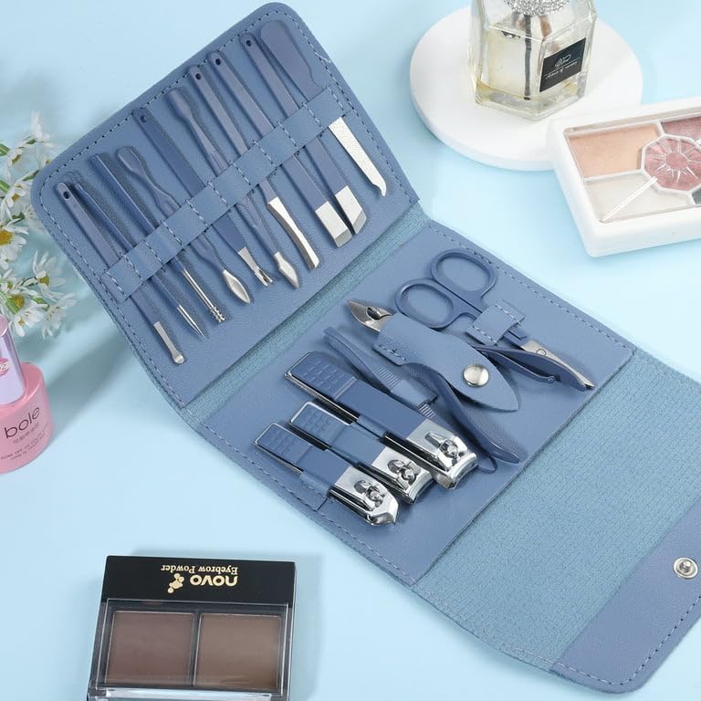 Professional Manicure Set – 16 Pcs Stainless Steel Nail Clipper & Pedicure Kit | Grooming Tools with Luxurious Travel Leather Case for Men & Women