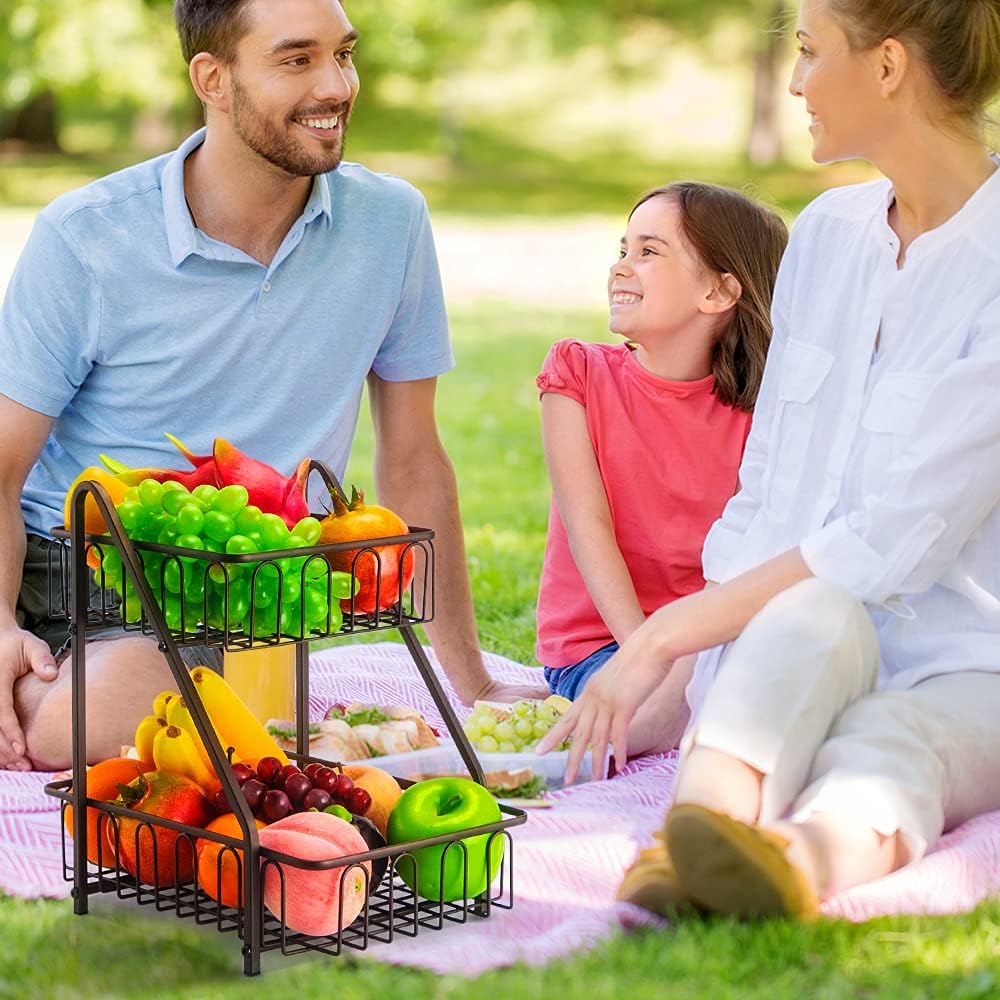 2-Tier Animal Design Fruit & Bread Basket β Decorative Black Metal Rack for Fruits, Vegetables, Snacks β Kitchen Countertop Storage Organizer