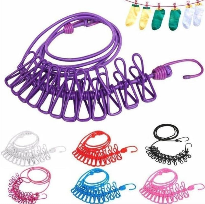 Cloth Drying Rope with Hooks & 12 Clips β Elastic Clothesline for Travel, Home & Outdoor Use β Kapde Sukhane Ki Rassi Wire (Multicolor)