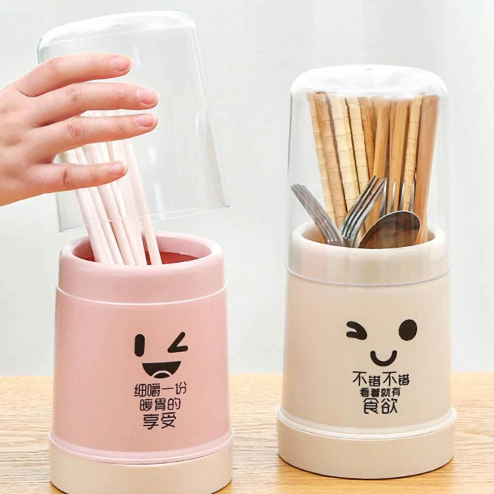 Chopsticks & Cutlery Holder with Lid β Cute Reusable Plastic Utensil Storage Organizer with Drain Rack & Removable Base for Kitchen