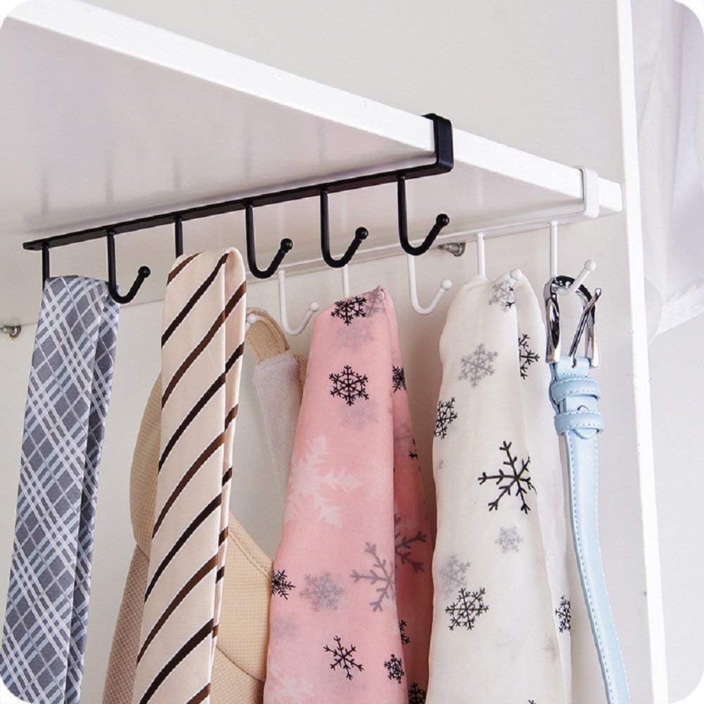 Under Cabinet Mug Holder Rack | Adhesive Coffee Cup Hooks | Drill-Free Metal Kitchen Organizer with 6 Hooks for Cups, Utensils, Belts & Scarves