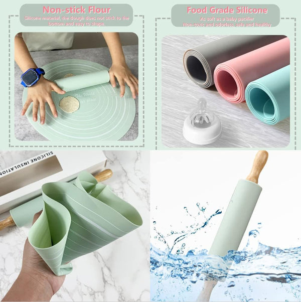 Silicone Food Grade Non-Stick Dough Baking Mat & Roller Pin Set β Washable Kitchen Tool for Pizza, Pastry, Pie Crusts & More