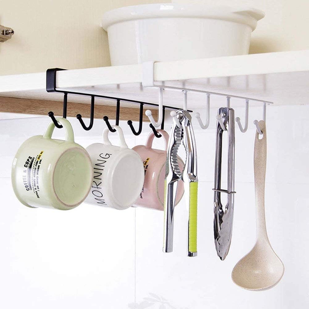 Under Cabinet Mug Holder Rack | Adhesive Coffee Cup Hooks | Drill-Free Metal Kitchen Organizer with 6 Hooks for Cups, Utensils, Belts & Scarves