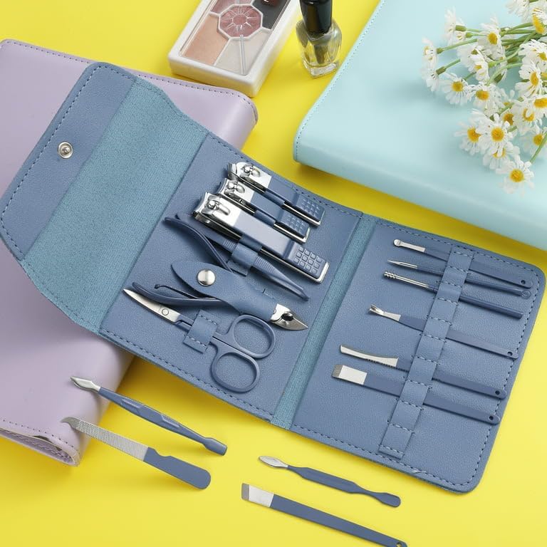 Professional Manicure Set – 16 Pcs Stainless Steel Nail Clipper & Pedicure Kit | Grooming Tools with Luxurious Travel Leather Case for Men & Women