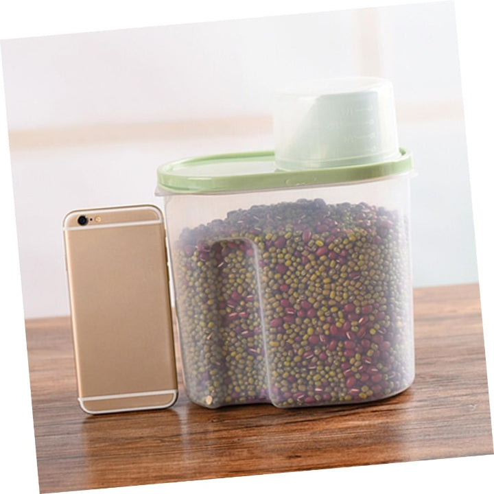 airtight food storage container, grain storage jar, pulses storage box, rice container with measuring cup, flour storage container, 1.9L plastic jar, cereal storage box, pasta storage container, dry food jar, kitchen storage solution.