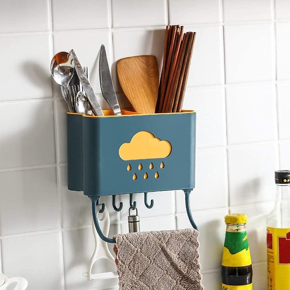 Plastic Cutlery Holder – Wall Mounted Kitchen Spoon & Towel Holder with 4 Hooks | Self-Adhesive, Space Saver – Multicolour