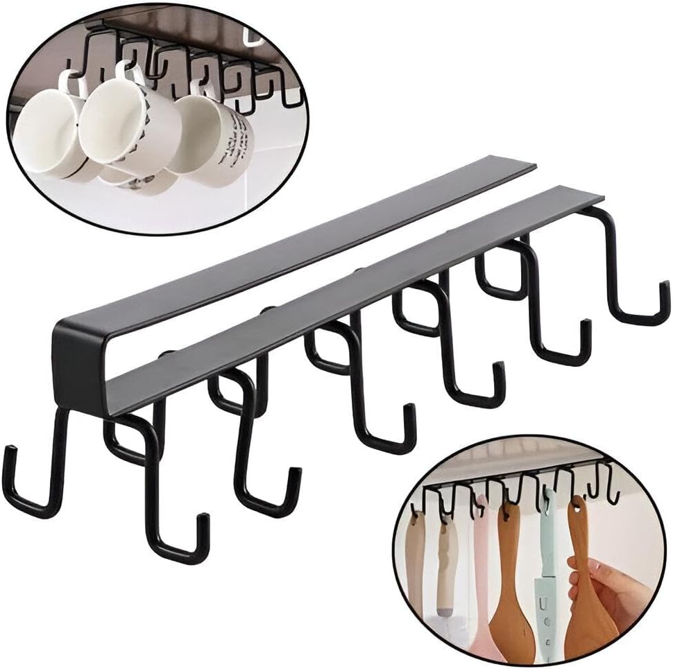 Metal Hook Rack Holder | Stylish Coated Cup Holder | Cabinet Door Organizer for Cups, Utensils, Ties & Belts