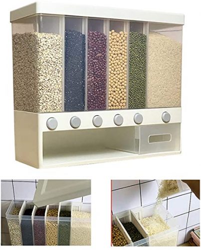 Wall Mounted 6 Grid Rice CEREAL GRAIN Bucket Food Dispenser