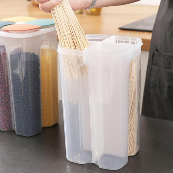 cereal dispenser, rice dispenser, food storage container, grain dispenser, kitchen organizer, airtight container, multi compartment box, pantry storage, cereal keeper, space saving container