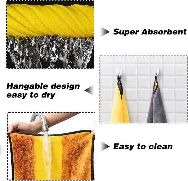 Yellow towel with water droplets, hanging on a hook, and being rinsed under a faucet.