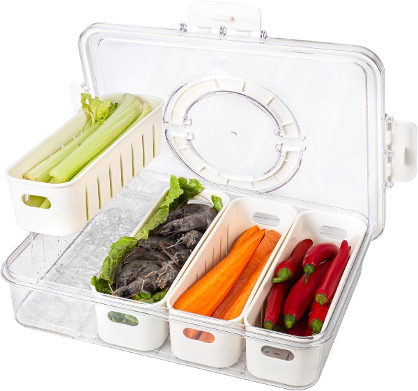 food storage container, divided food box, serving tray, snack organizer, lunch box, leakproof box, kitchen storage, meal prep container, plastic food container, 4 compartment tray