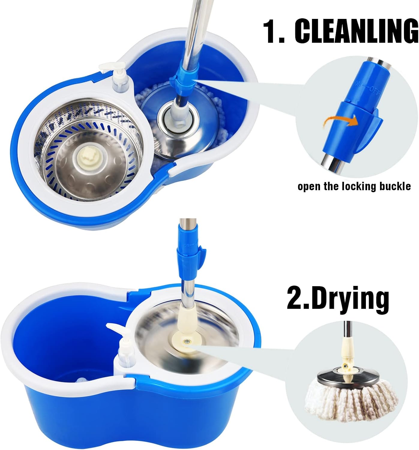 360 Degree Easy Spin Bucket Mop - 2 Microfiber Head and Steel Jar and Rod