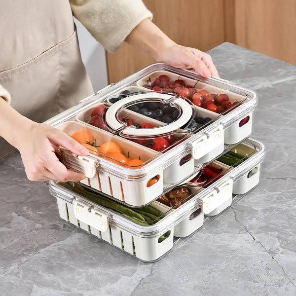 food storage container, divided food box, serving tray, snack organizer, lunch box, leakproof box, kitchen storage, meal prep container, plastic food container, 4 compartment tray