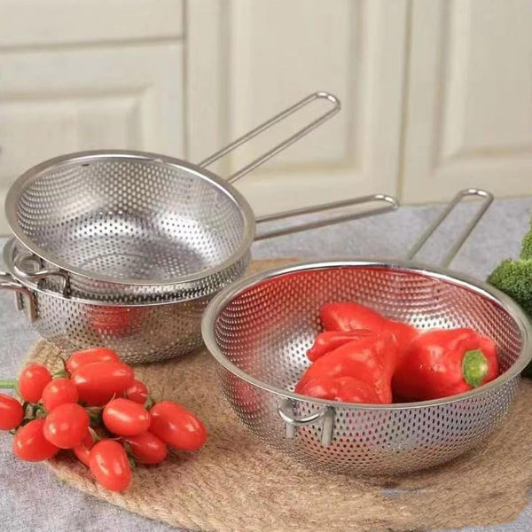 stainless steel colander, frying basket with handle, kitchen strainer basket, chef cooking basket, french fry basket, vegetable washing basket, pasta strainer, deep fry basket, multipurpose colander.