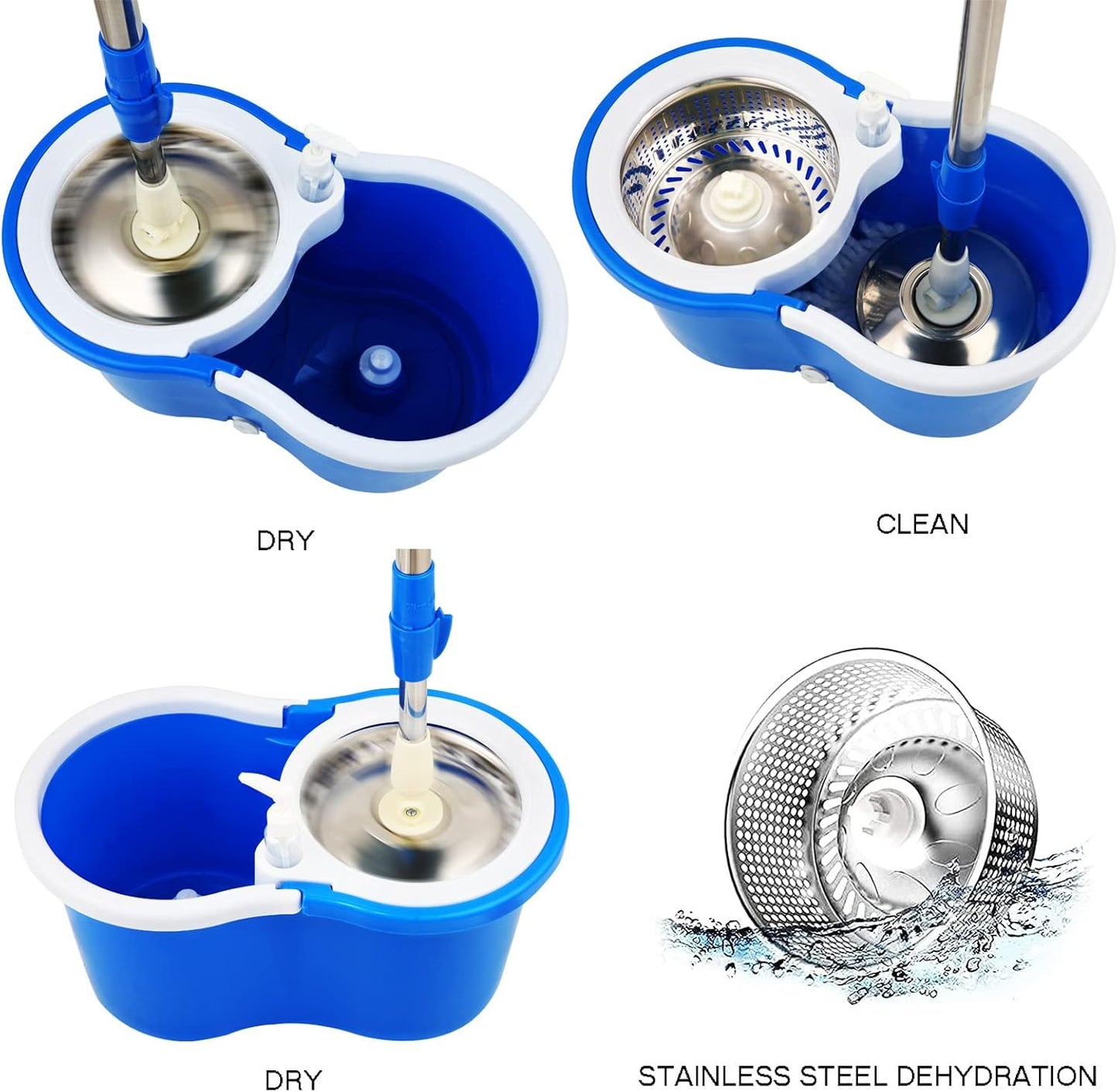 360 Degree Easy Spin Bucket Mop - 2 Microfiber Head and Steel Jar and Rod