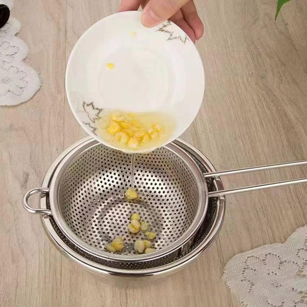 stainless steel colander, frying basket with handle, kitchen strainer basket, chef cooking basket, french fry basket, vegetable washing basket, pasta strainer, deep fry basket, multipurpose colander.