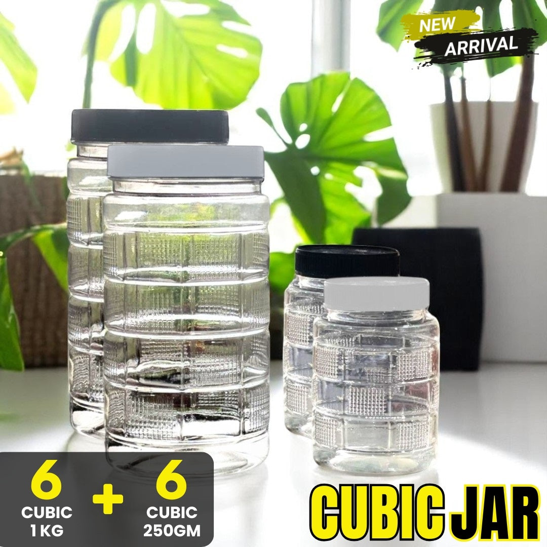 CUBIC Design Airtight Kitchen Storage Jar Set β 6 Jars (1KG) + 6 Jars (250GM) | BPA-Free Transparent Containers for Groceries, Pulses, Spices & Snacks