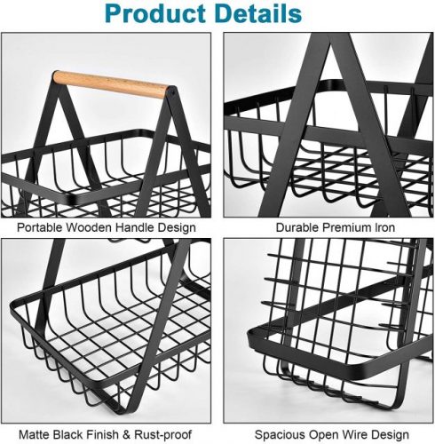 2-Tier Countertop Vegetable Fruit Basket Fruit Bowl Bread Basket Vegetable Holder for Kitchen Storage Black