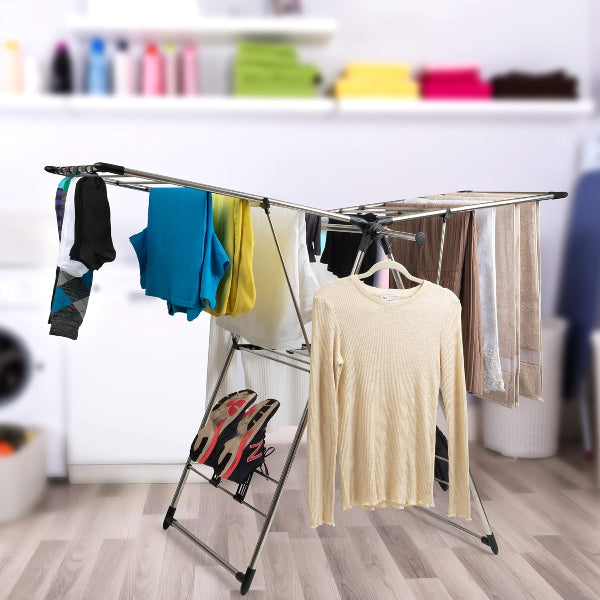 Stainless Steel Clothes Drying Rack | Foldable Laundry Rack with Hanging Rods, Sock Clips & Shoe Hangers – Adjustable Gullwing Design