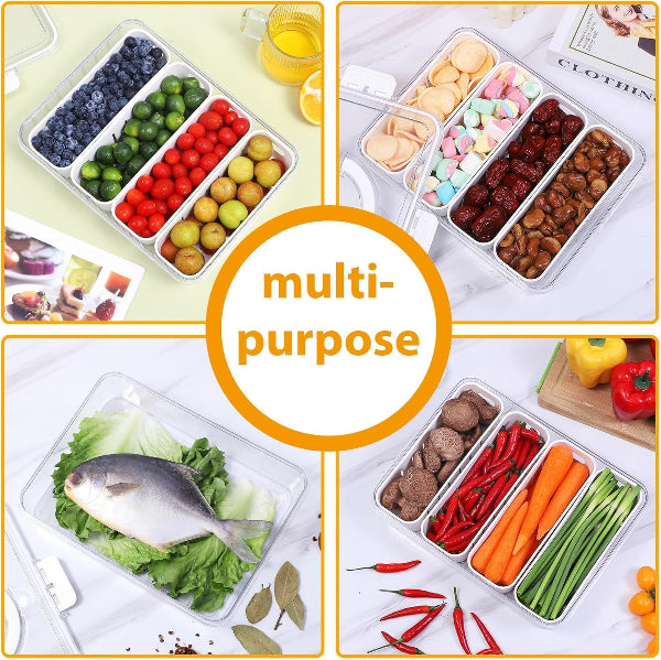 food storage container, divided food box, serving tray, snack organizer, lunch box, leakproof box, kitchen storage, meal prep container, plastic food container, 4 compartment tray