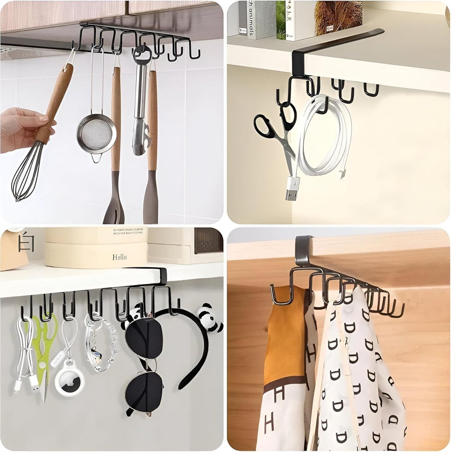 Metal Hook Rack Holder | Stylish Coated Cup Holder | Cabinet Door Organizer for Cups, Utensils, Ties & Belts