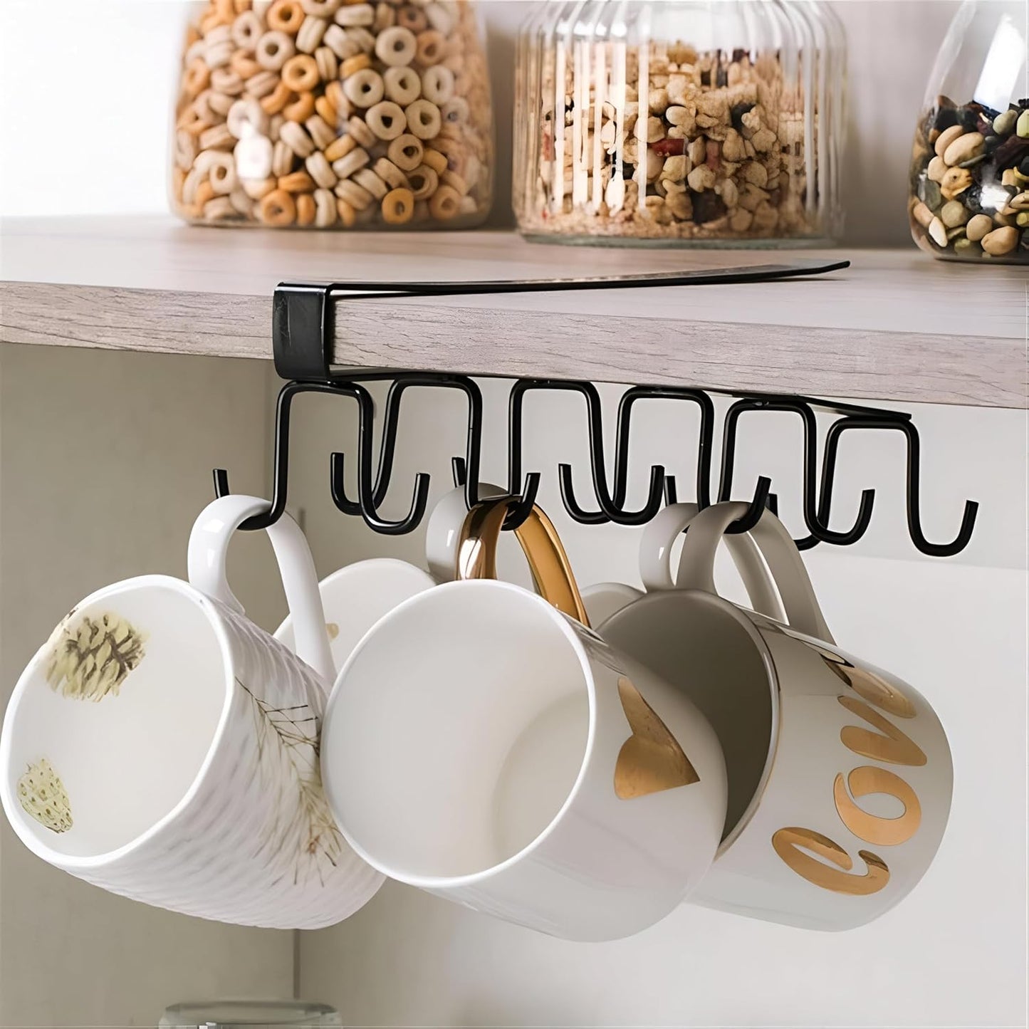 Metal Hook Rack Holder | Stylish Coated Cup Holder | Cabinet Door Organizer for Cups, Utensils, Ties & Belts