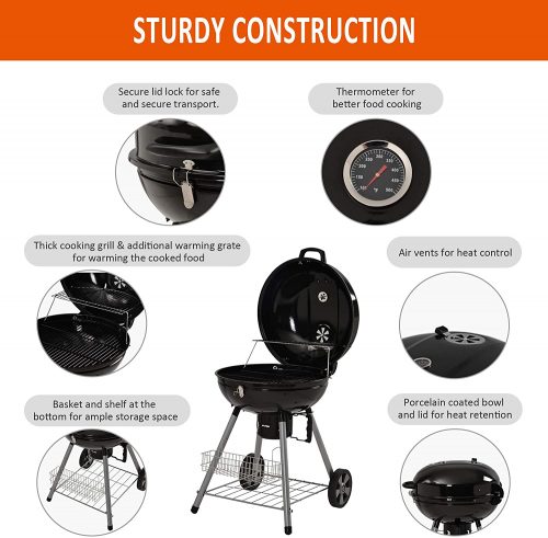 Charcoal Kettle BBQ Grill with Lid & 4 Legs Rolls Portable Fire Pit - For Outdoor Picnic Camping (22.5 inch)