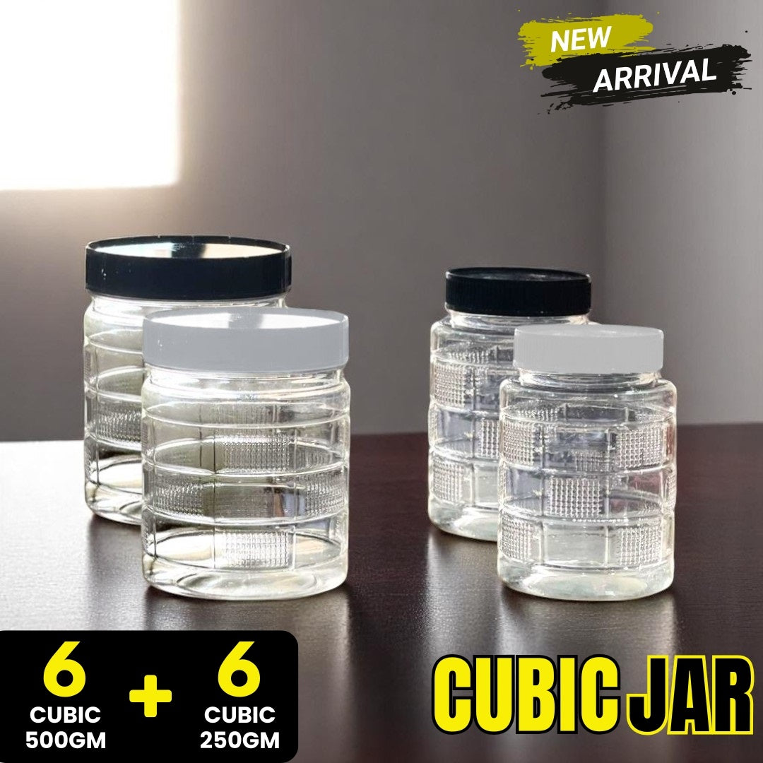 CUBIC Design Airtight Kitchen Storage Jar Set β 6 Jars (500g) + 6 Jars (250g) | BPA-Free Transparent Containers for Groceries, Pulses, Spices & Snacks