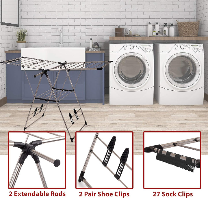 Stainless Steel Clothes Drying Rack | Foldable Laundry Rack with Hanging Rods, Sock Clips & Shoe Hangers – Adjustable Gullwing Design