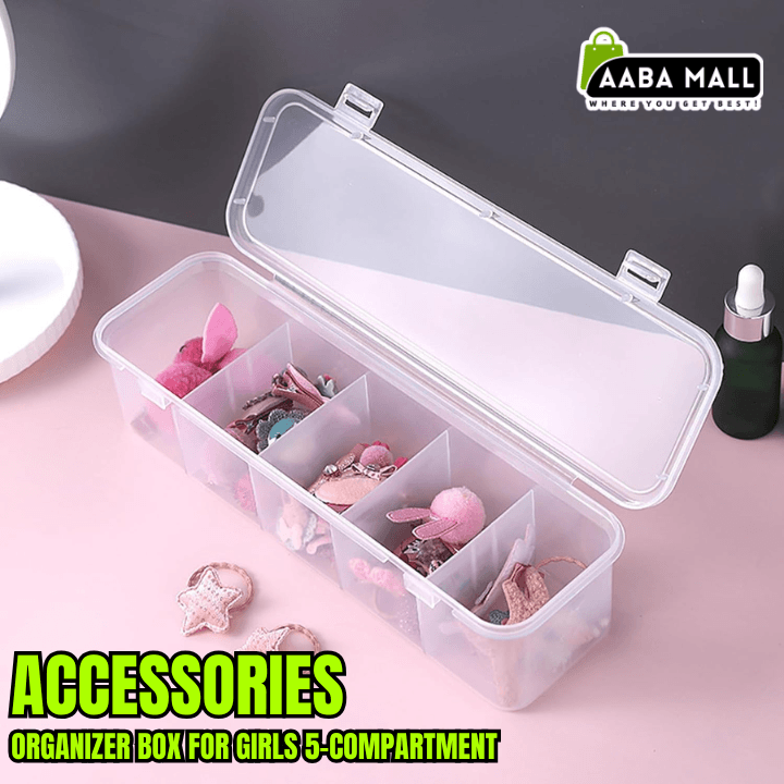 Clear jewelry organizer box with compartments on a pink surface, branded 'AABA MALL'.