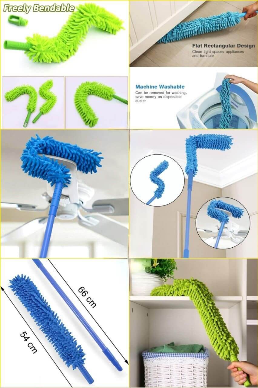 Collage of a flexible cleaning tool with various attachments and usage scenarios.