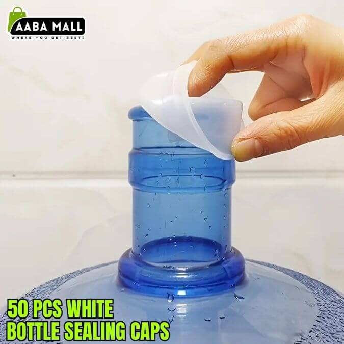 A hand peeling off a translucent white bottle sealing cap from a blue plastic water bottle, with text reading '50 PCS WHITE BOTTLE SEALING CAPS' and an AABA MALL logo in the corners.