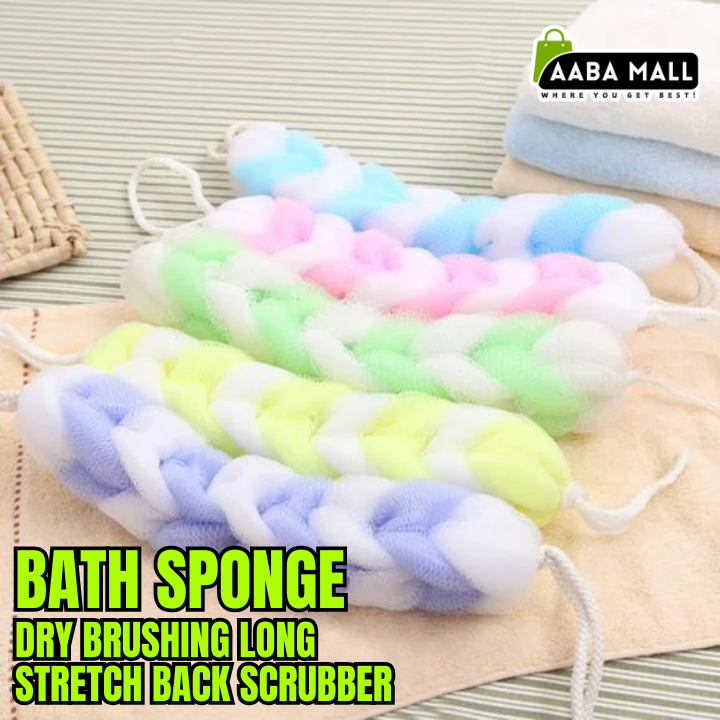 Dry Brushing Long Stretch Bath Sponge Back Scrubber – Body Cleaning Net Pull Brush Strip | Shower & Bathroom Supplies