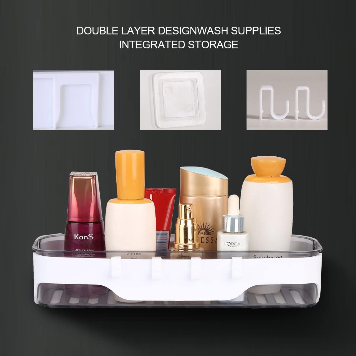 Kitchen Bathroom Shelf Wall-mounted Storage Rack with Hooks Plastic Container Storage Organizer No Drilling Shelves - AABA MALL