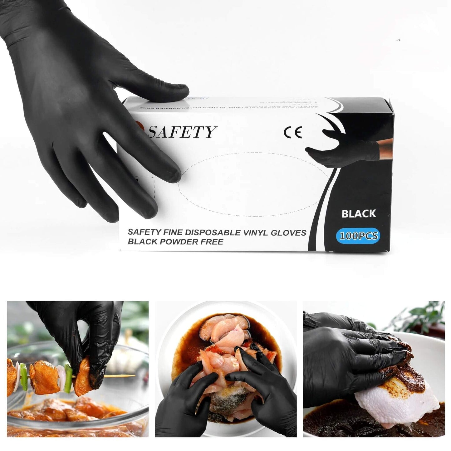Black disposable vinyl gloves with a box labeled 'Safety' on a white background.