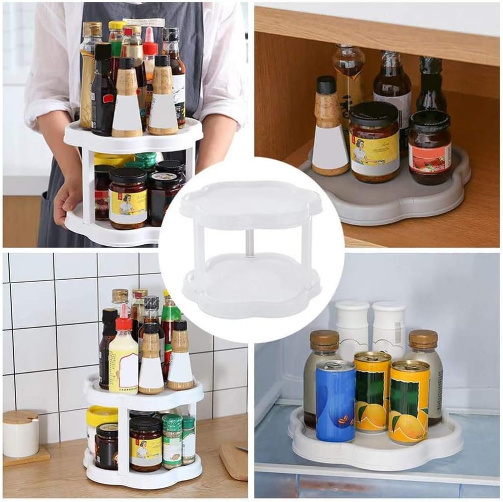 Condiment Storage Rack - 2 Tier Turntable Cabinet Organizer