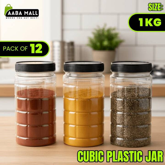 Three cubic plastic jars with black lids on a kitchen counter, labeled as a pack of 12 from Aaba Mall.
