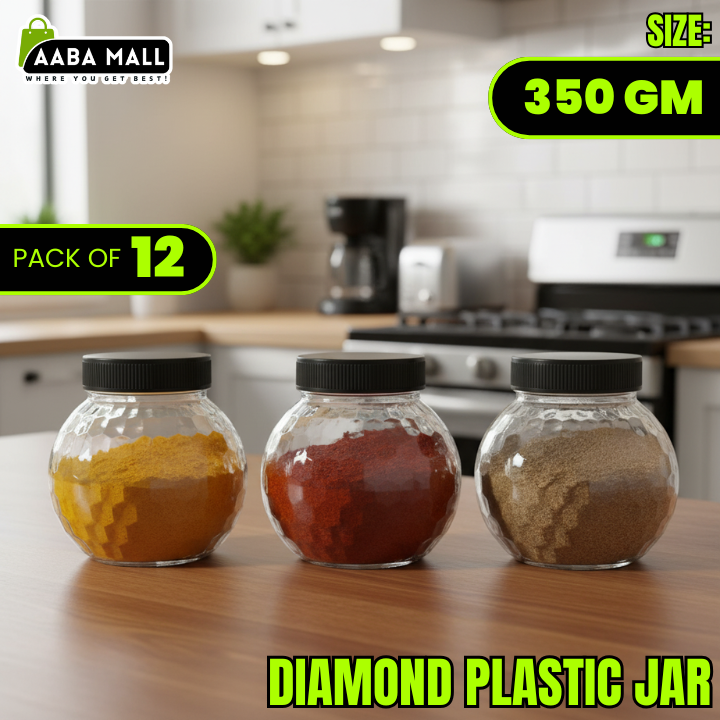 diamond jar, 350 gm jar, plastic container, airtight jar, food storage jar, kitchen organizer, BPA free jar, transparent jar, spice jar