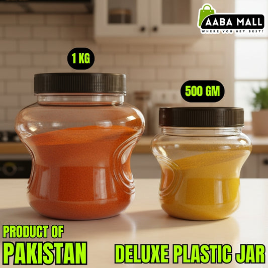 Two plastic jars with black lids, one labeled 1 kg and the other 500 gm, on a kitchen counter with 'Aaba Mall' branding.