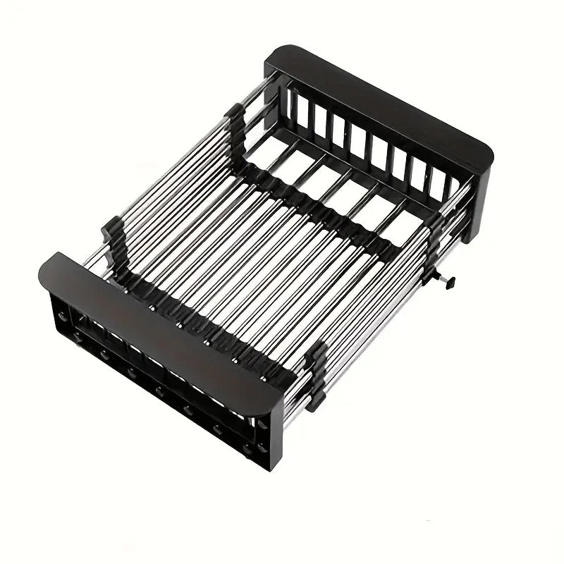 over the sink dish rack, stainless steel dish rack, expandable drying rack, kitchen organizer, dish drainer, rust resistant rack, space saving kitchen rack, fruit and vegetable drainer, dish drying rack